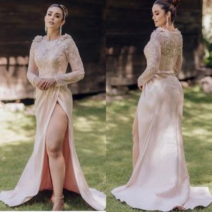 Terani Couture Beaded Boat Neckline Long Sleeves Gown Pink